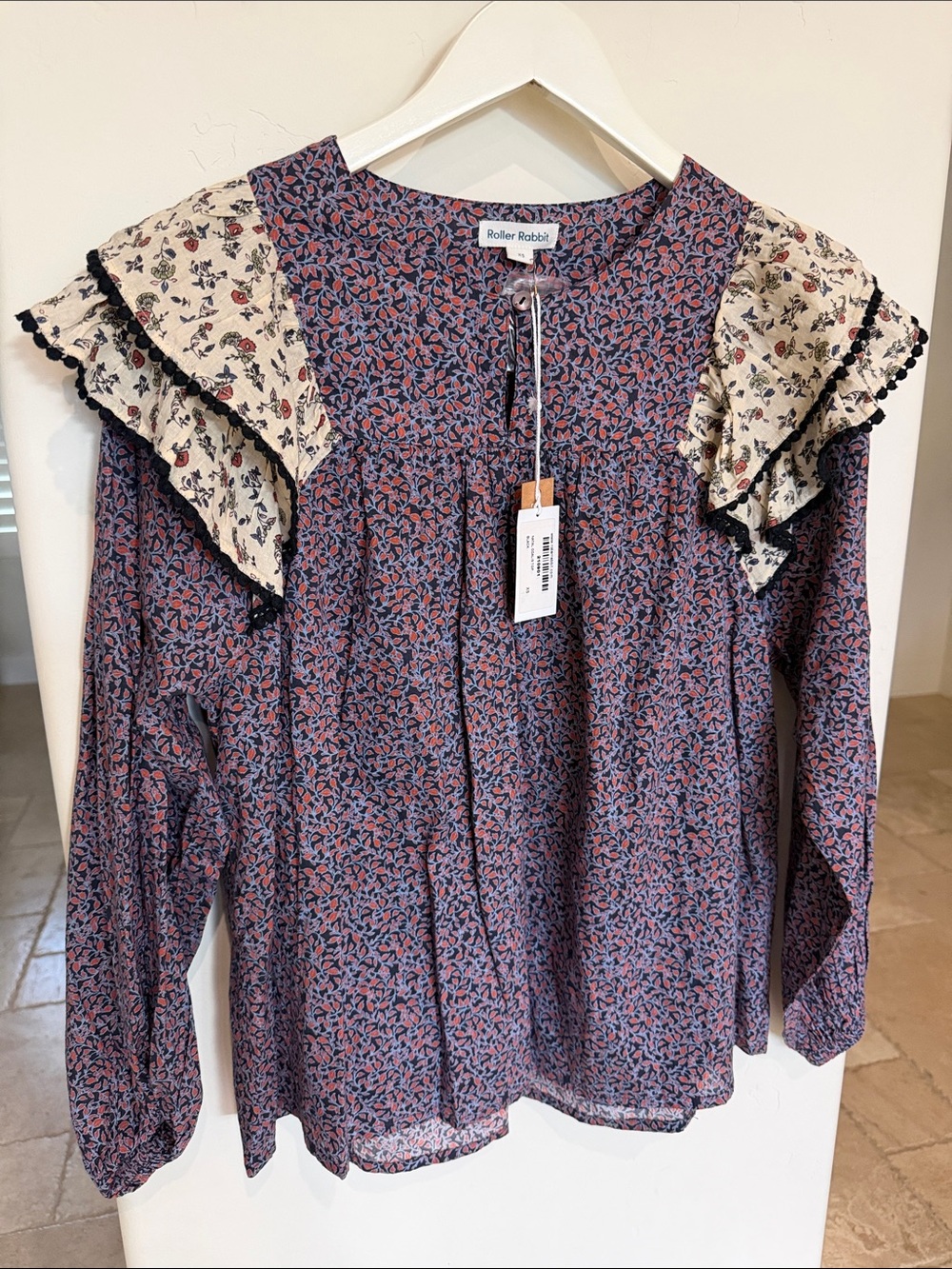 Roller Rabbit 100% Cotton Natal Odalis Ruffle Blouse Sz XS NWT